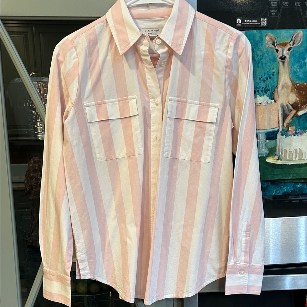 Ann Taylor Weekend  Pink and White Cotton Viscose Striped Button Down Shirt XS